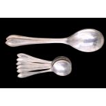 A set of six 1930s silver Sandringham pattern dessert spoons and two conforming serving spoons,