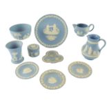 10 items of Wedgwood blue jasperware, including a Christmas plate, jug 13 cm