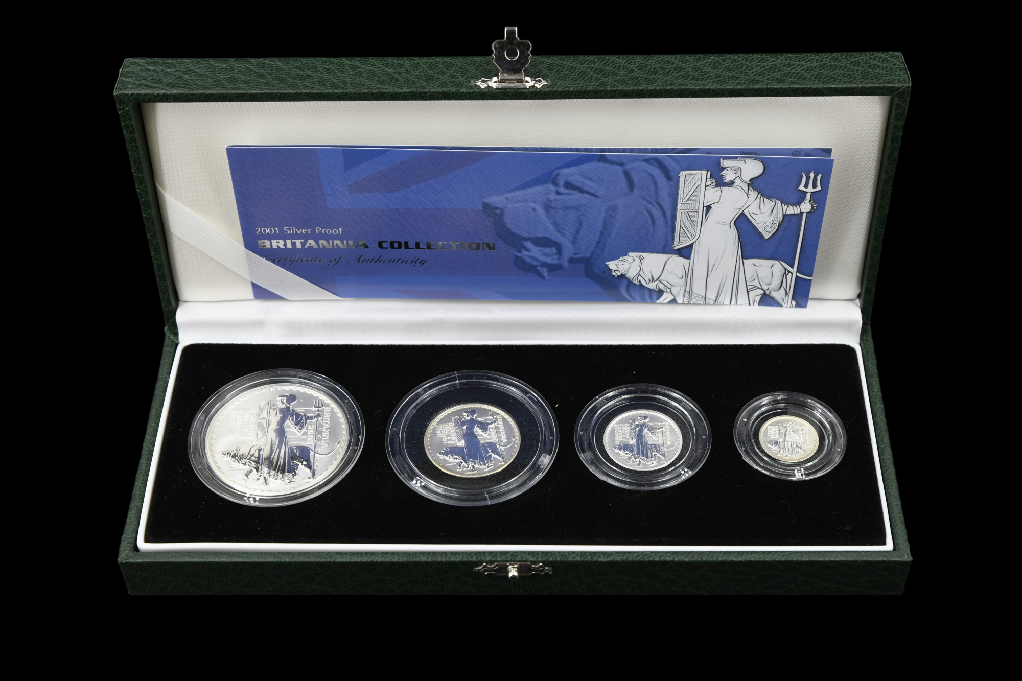 A cased silver proof 2001 Britannia Collection coin set by The Royal Mint with certificate