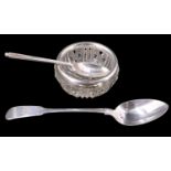 A George III silver fiddle pattern teaspoon, London, 1828, a silver Walker and Hall coffee spoon and