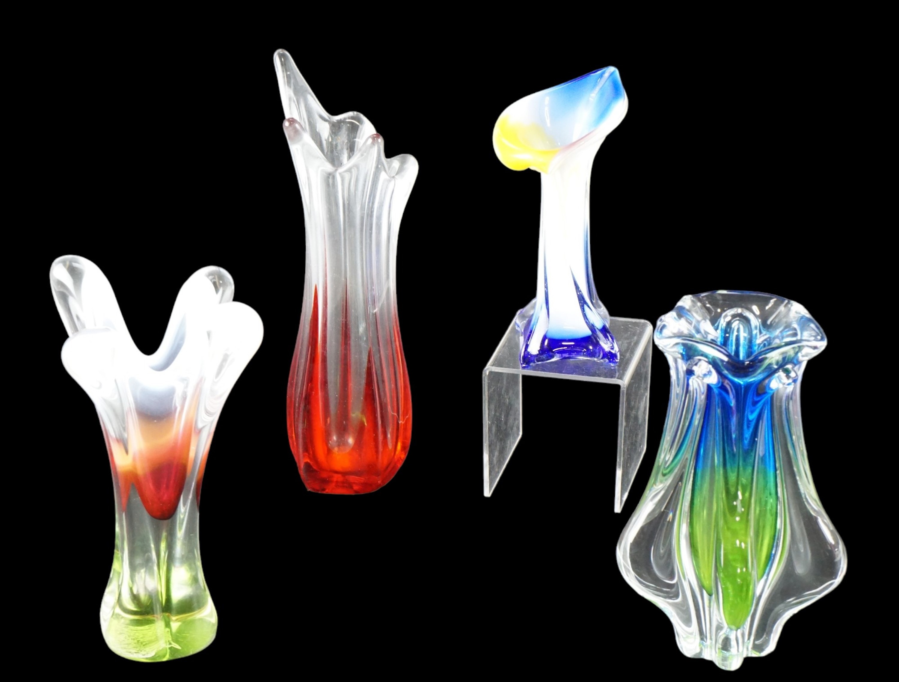 A Due Zeta studio glass vase together with three other vases, tallest 31 cm
