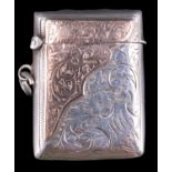 An Edwardian 9 ct gold mounted silver fob vesta case, having floral engraving front and verso, and a