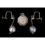 A cased pair of early 20th Century pearl pendant earrings, each being a 7.5 mm pearl held captive in