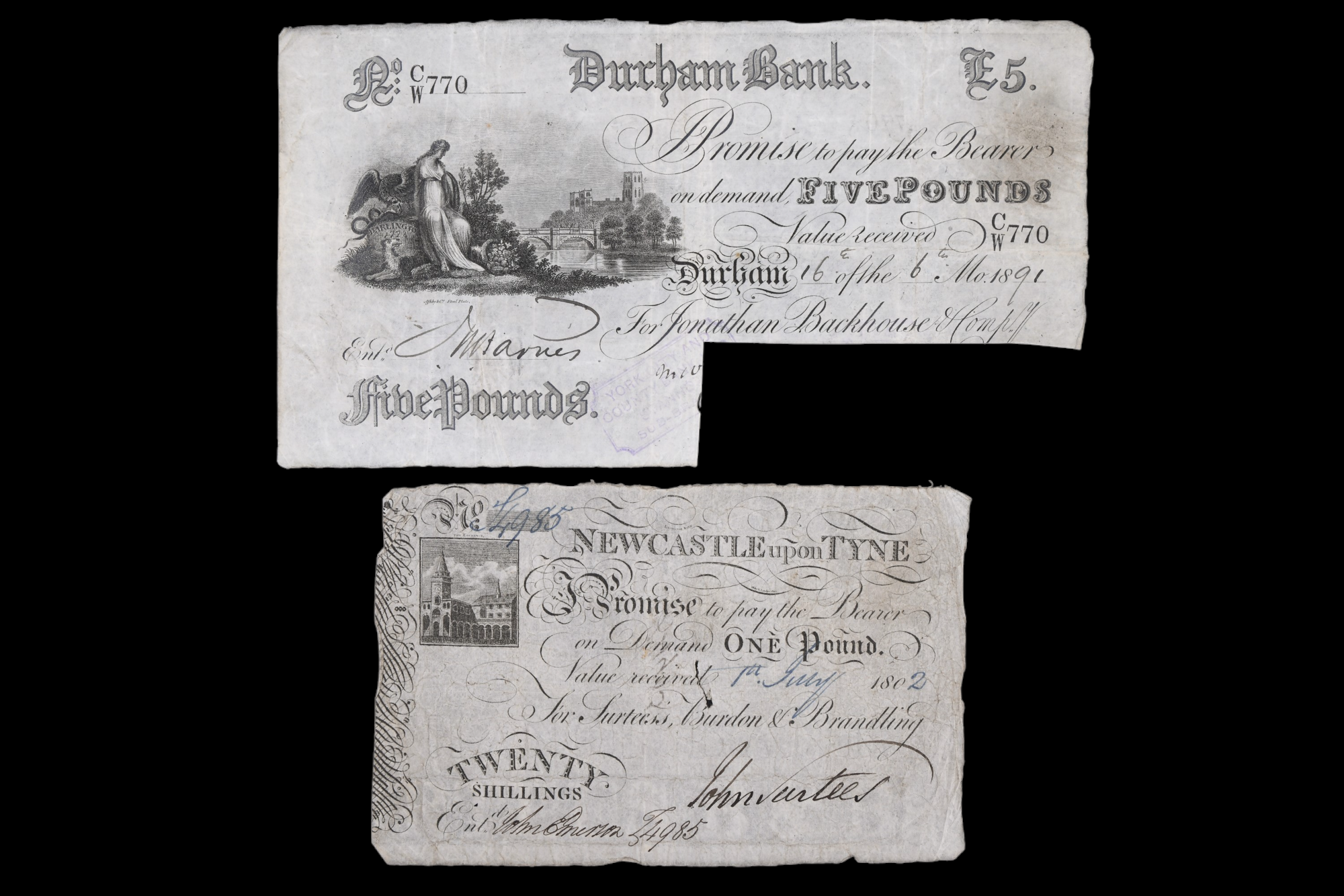 A George III 1802 Newcastle Upon Tyne one pound / twenty shillings banknote together with a