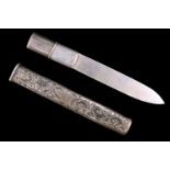 An early 20th Century silver fruit knife, having a slip-fit case / handle, the outside engraved