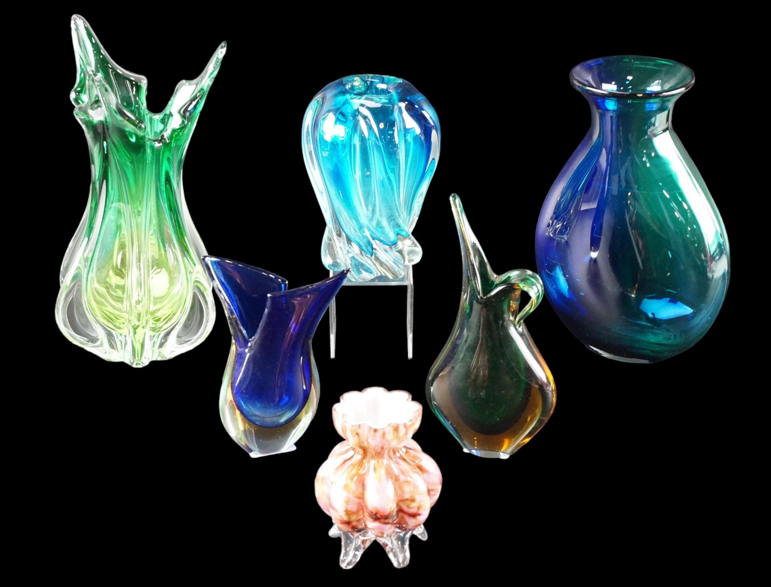 Six studio glass vases, tallest 29 cm