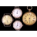 Two 1920s trench style silver wristlet watches and another, together with a brass cased fob watch,