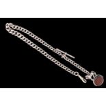 A Victorian silver single Albert watch chain and hardstone fob, comprising adorsed graduated curb