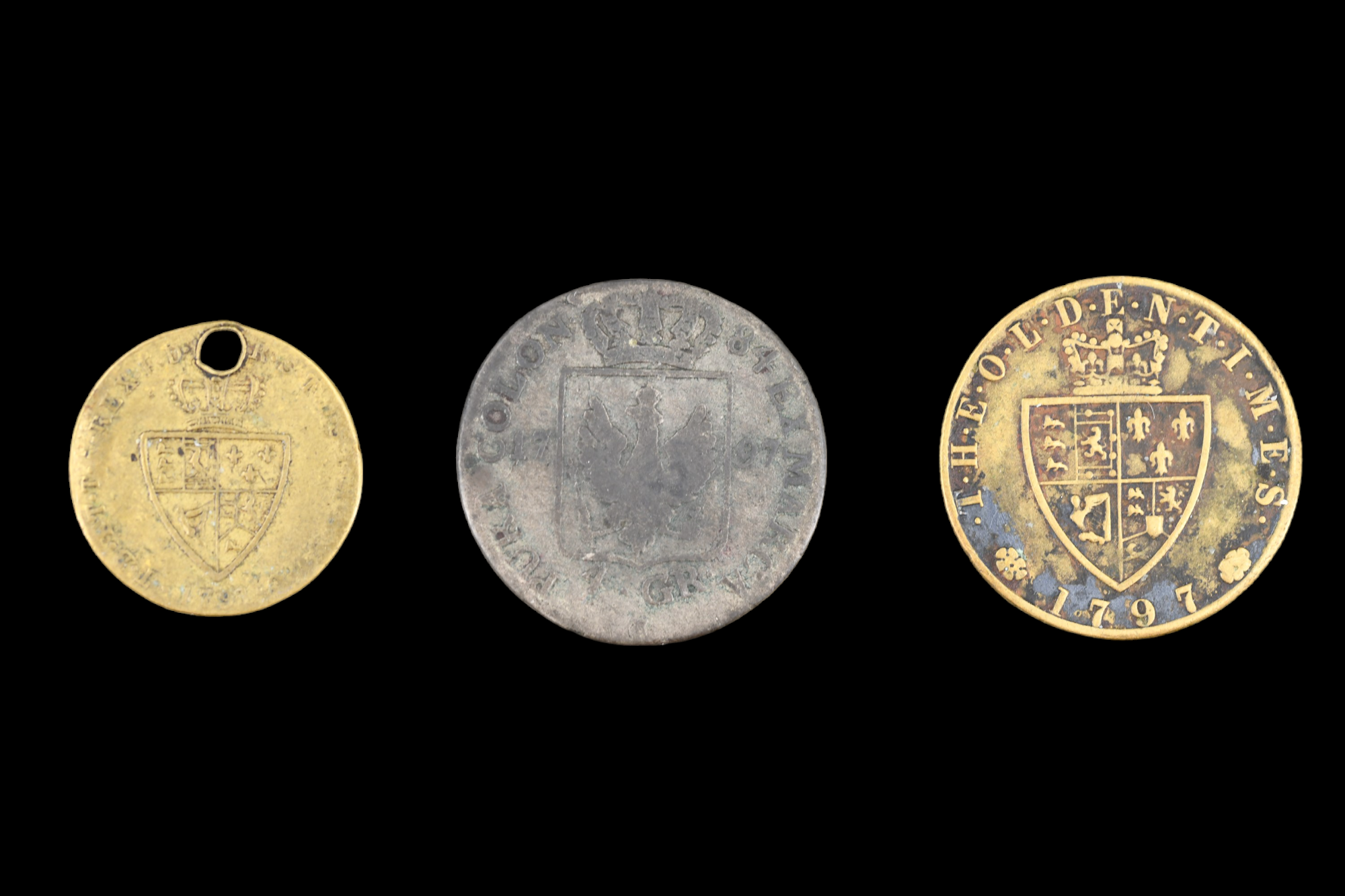 A Prussian 1797 4 Groschen coin of Frederick William II together with two Georgian gaming tokens