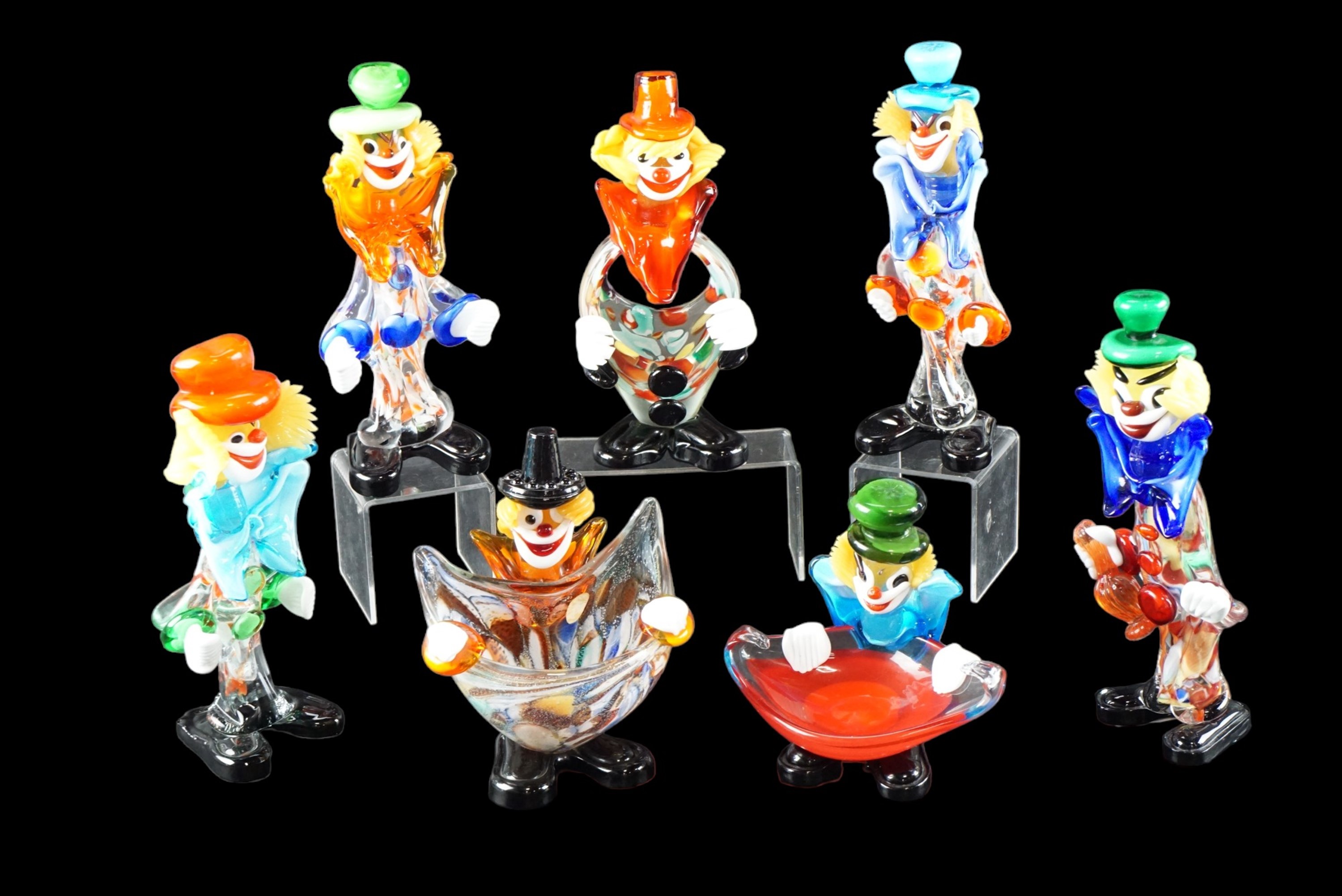 Seven Murano glass clowns, tallest 24 cm