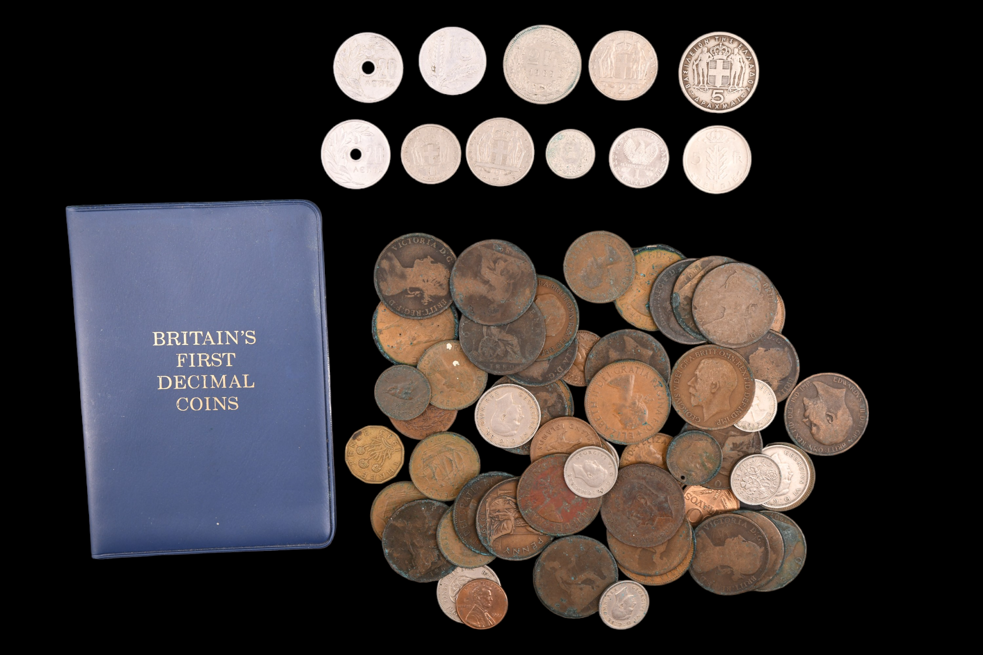 A group of GB and world coins, including a Greek Paul I five drachmai, etc