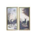 A pair of Victorian naive oil-on-panel studies of stags, 90 cm x 45 cm