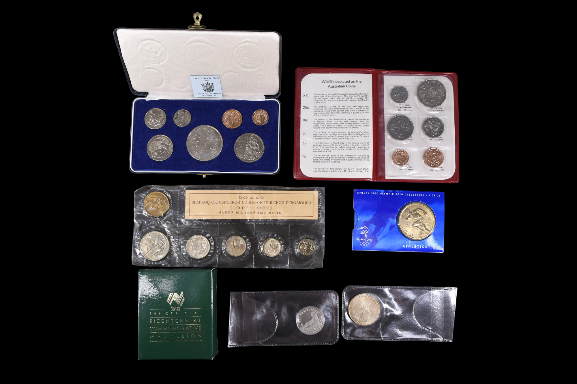 A group of world circulation and commemorative coins, medallions, etc, including a cased set of 1969