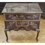 A Queen Anne Chinoiserie red lacquer chest of one over three drawers raised on cabriole legs, late