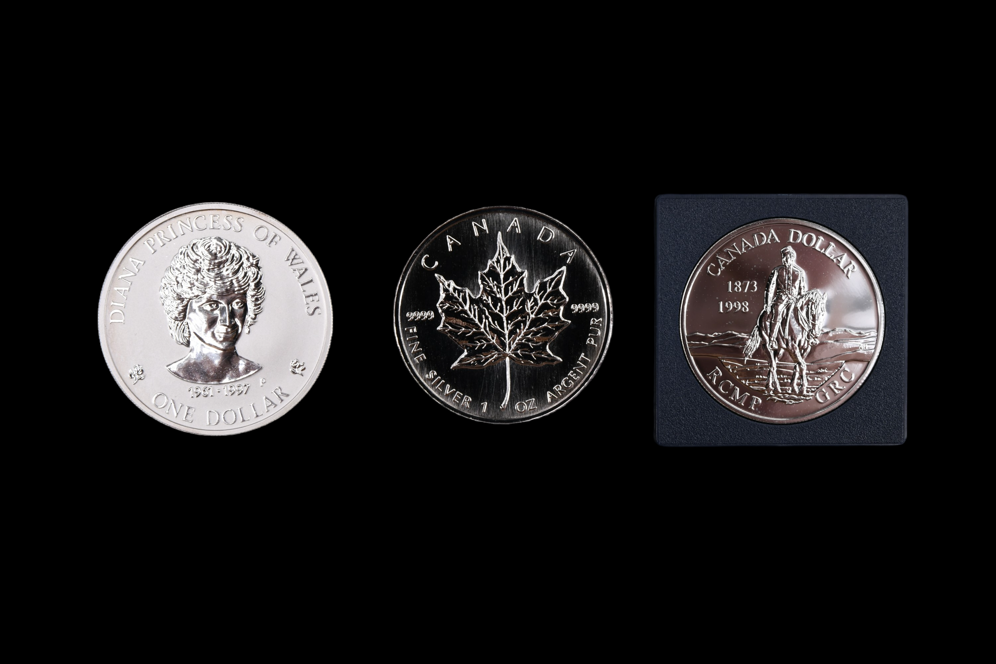 Three silver coins, comprising a 1998 Canada Maple Leaf five dollars, a Canada 1998 dollar, and a - Image 2 of 4