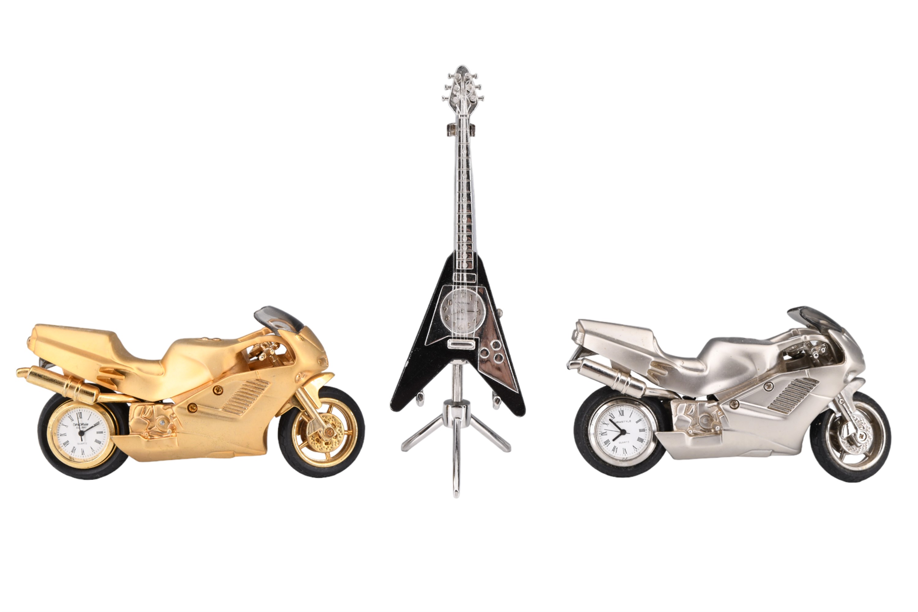 Six miniature novelty clocks, including three motorcycles, guitar, etc - Image 3 of 3