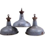 Three vintage enamelled industrial pendant lights, having Edison screw fittings, 40.5 cm diameter