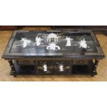 A late 20th Century mother-of-pearl inlaid Shibayama lacquer coffee table with undershelf and double