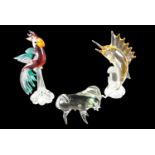 A studio glass parrot, 31 cm, together with a sailfin fish and Murano bull