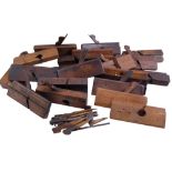 [ Tools ] 21 various vintage hardwood moulding planes, together with spare wedges and irons, (some