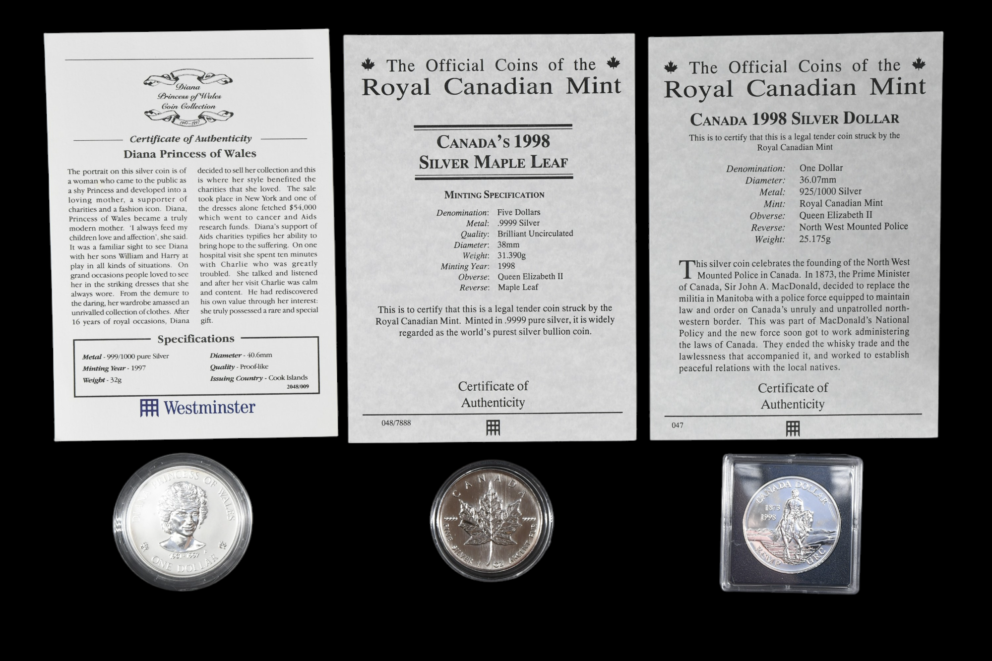 Three silver coins, comprising a 1998 Canada Maple Leaf five dollars, a Canada 1998 dollar, and a
