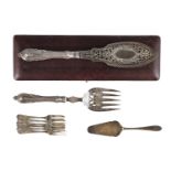 A pair of Victorian silver-plated fish servers, the slice engraved in depiction of a fisherman