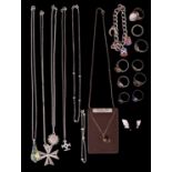 Late 20th Century silver and white metal jewellery including necklaces, rings, etc, 66.92 g gross