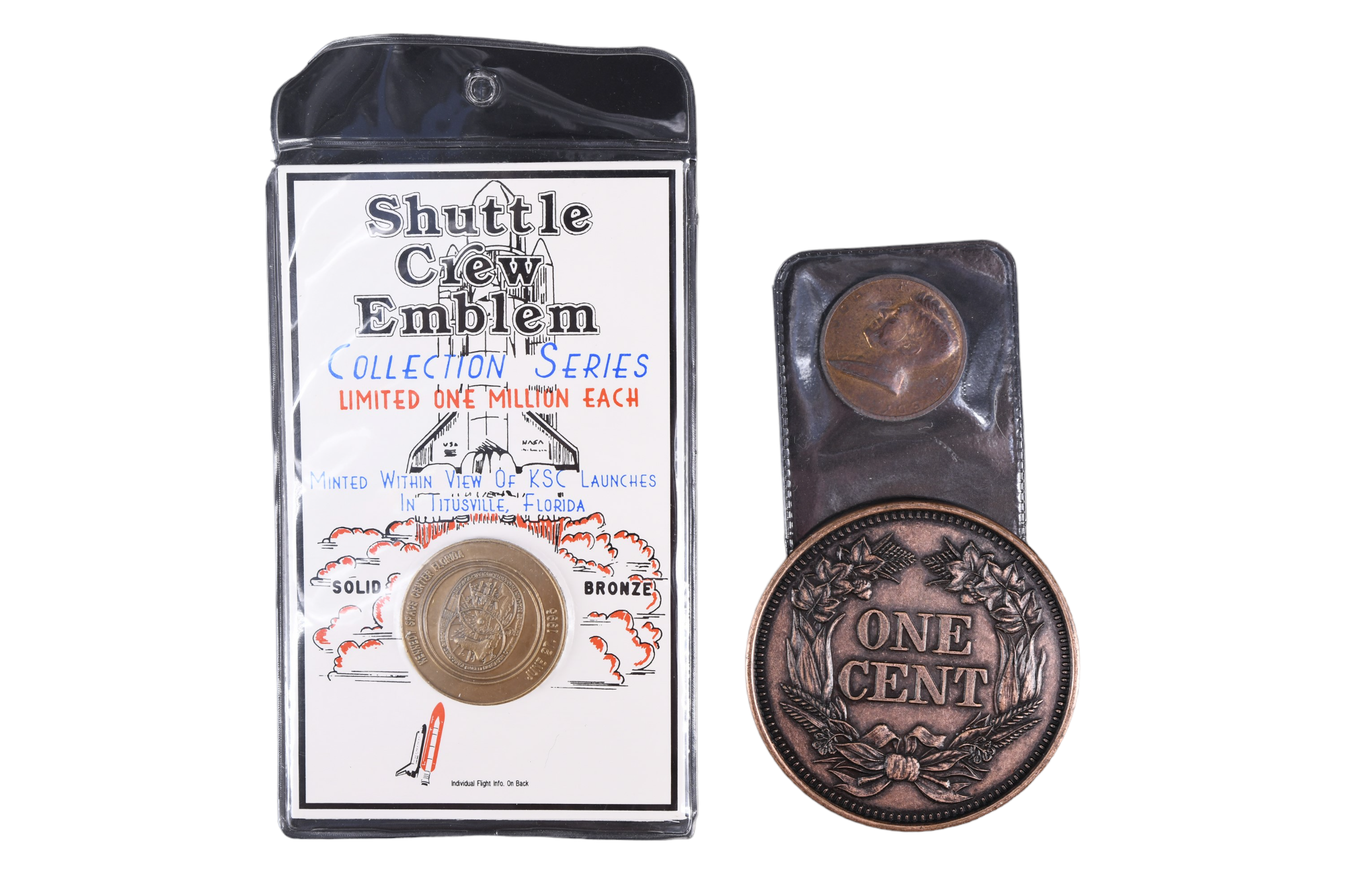 A 1961 John F. Kennedy presidential inauguration token together with a 1995 Shuttle Crew Emblem
