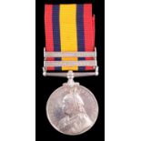 A Queen's South Africa Medal with two clasps to 3042 Pte W Barnes, 1st Border Regiment