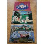 Three contemporary wool embroidered wall hangings, all lined and variously decorated with a boat '
