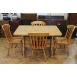 A late 20th Century pine refectory table and four chairs, table 83 x 120 x 77 cm