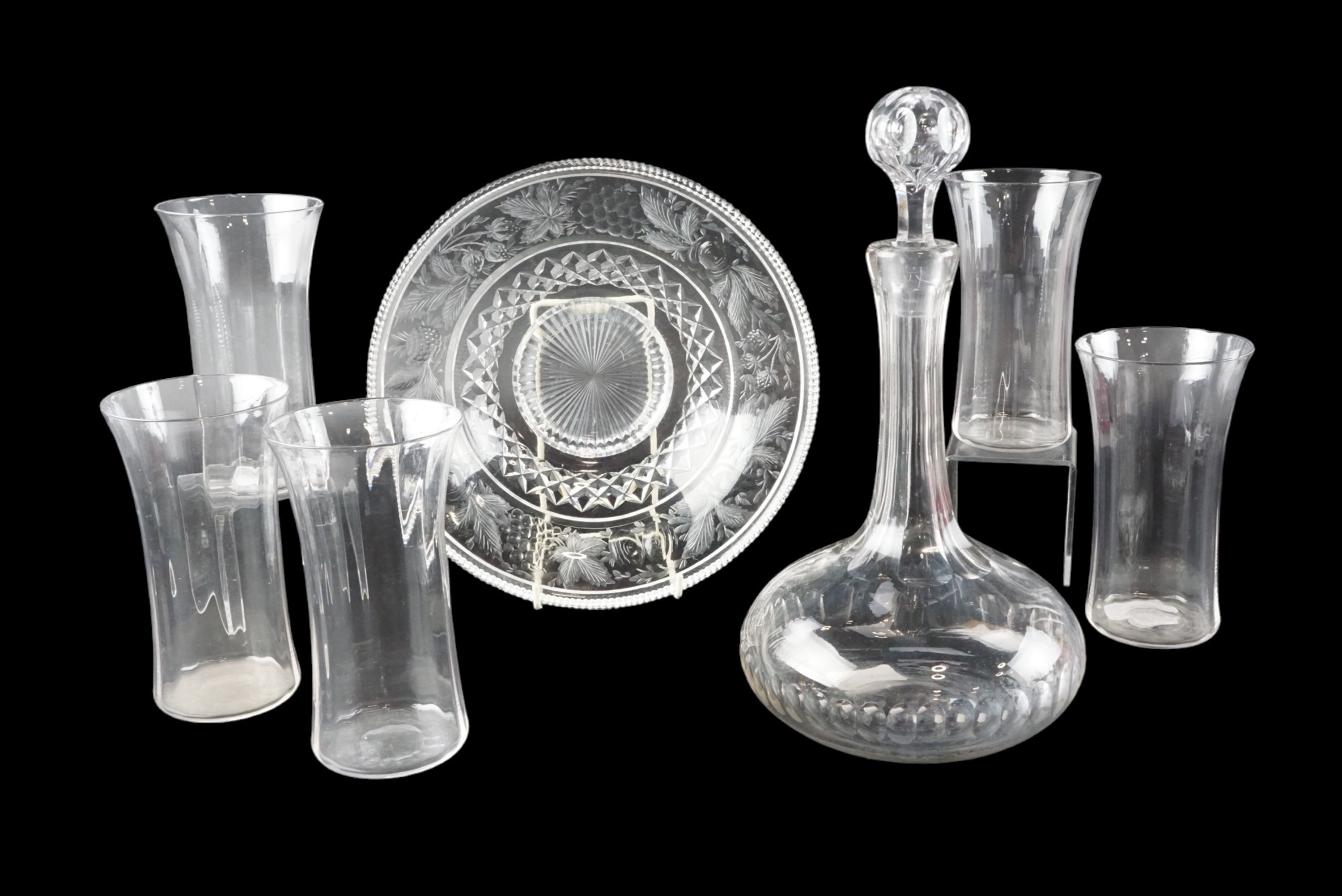 Victorian and later glassware comprising a centre bowl, the rim wheel engraved in depiction of