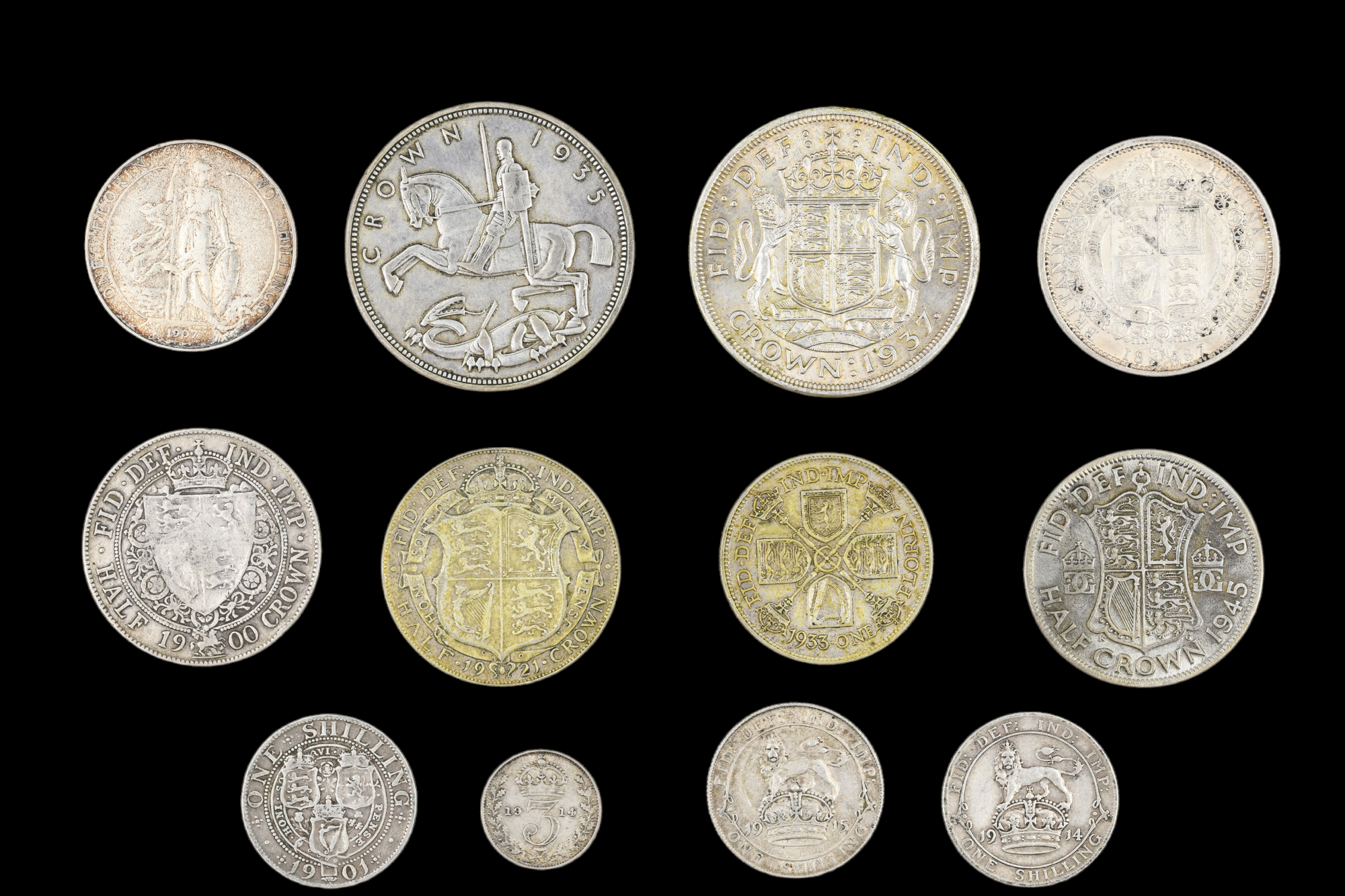 A group of pre - 1920 silver GB coins, including a 1887 half crown, a 1907 florin, etc, together