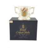 A boxed Royal Crown Derby Autumnal Equinox loving cup, limited edition with certificate, 8 x 8 cm