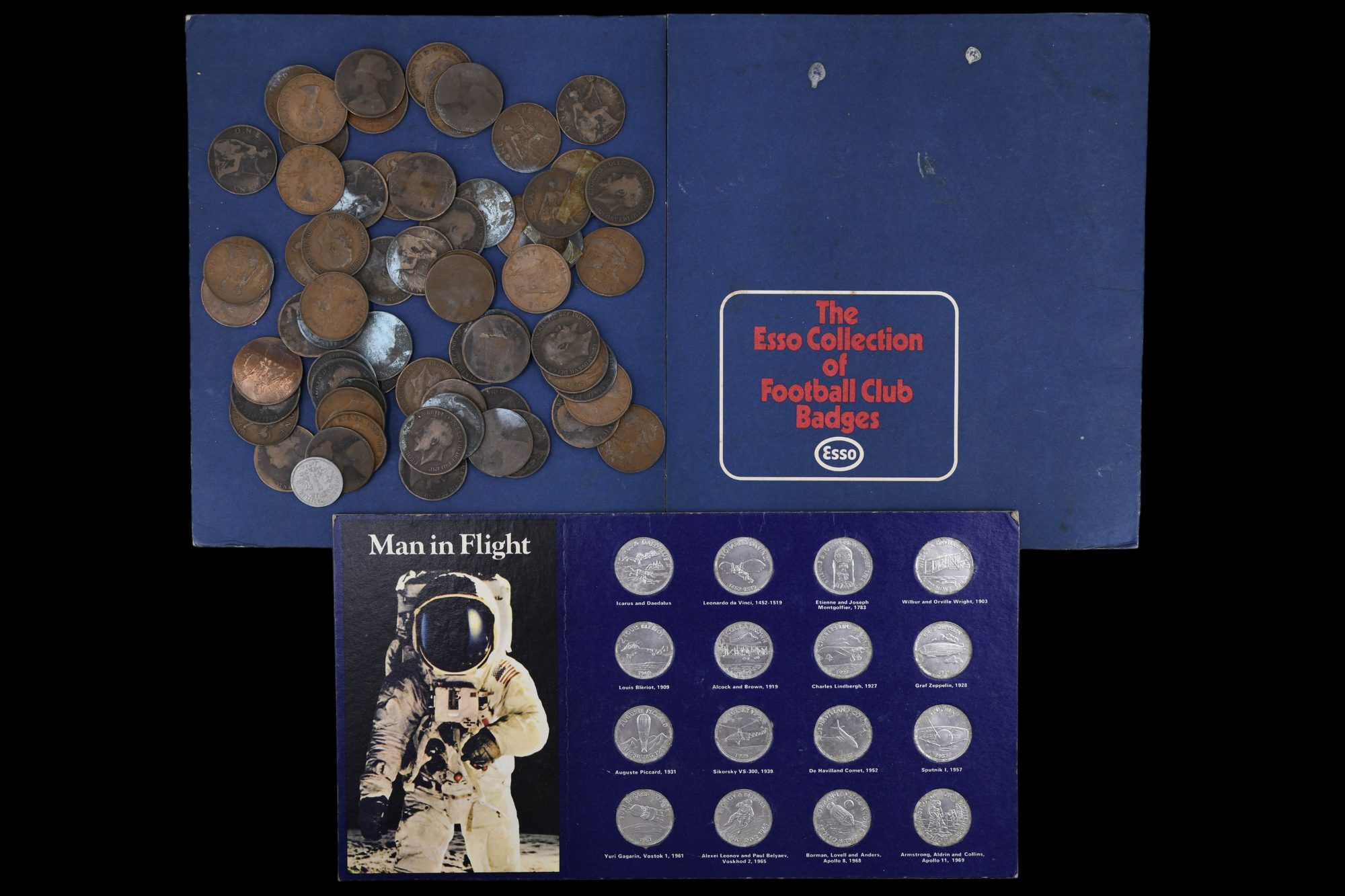 Shell "Man in Flight" tokens together with Esso Football Club Badges and a quantity of Victorian and