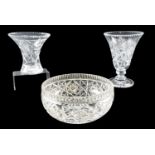 A late 20th Century Webb cut glass bowl, a Stuart cut glass vase of footed trumpet form, and another