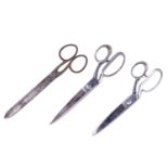 Two pairs of chrome plated tailor's scissors and a pair of paper-hanger's scissors, longest 30.5 cm