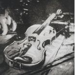 Simon Bull (Cumbrian, contemporary) "Soprano", a depiction of a violin laying atop sheet music,