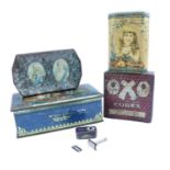 The '"Laurel" Ladies Boudoir Safety Razor', together with four vintage tins, largest 20.5 x 10.5 x 7