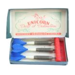 A boxed set of three Unicorn darts in original Gordon Easton of Carlisle carton