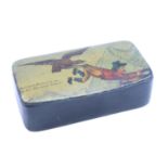A mid-to-late 19th Century Austrian lacquered mache pocket snuff box, its lid bearing a comical
