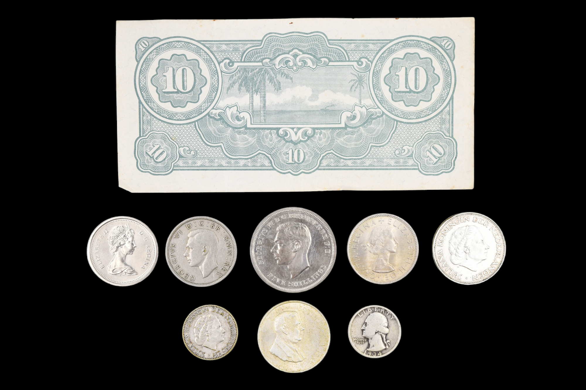 A Japanese ten dollar banknote together with a 1951 five shillings and a small group of world coins - Image 2 of 16