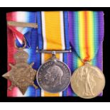 A 1914 Star with clasp, British War and Victory Medals to 7876 Pte E E Moore, 2 Border Regiment
