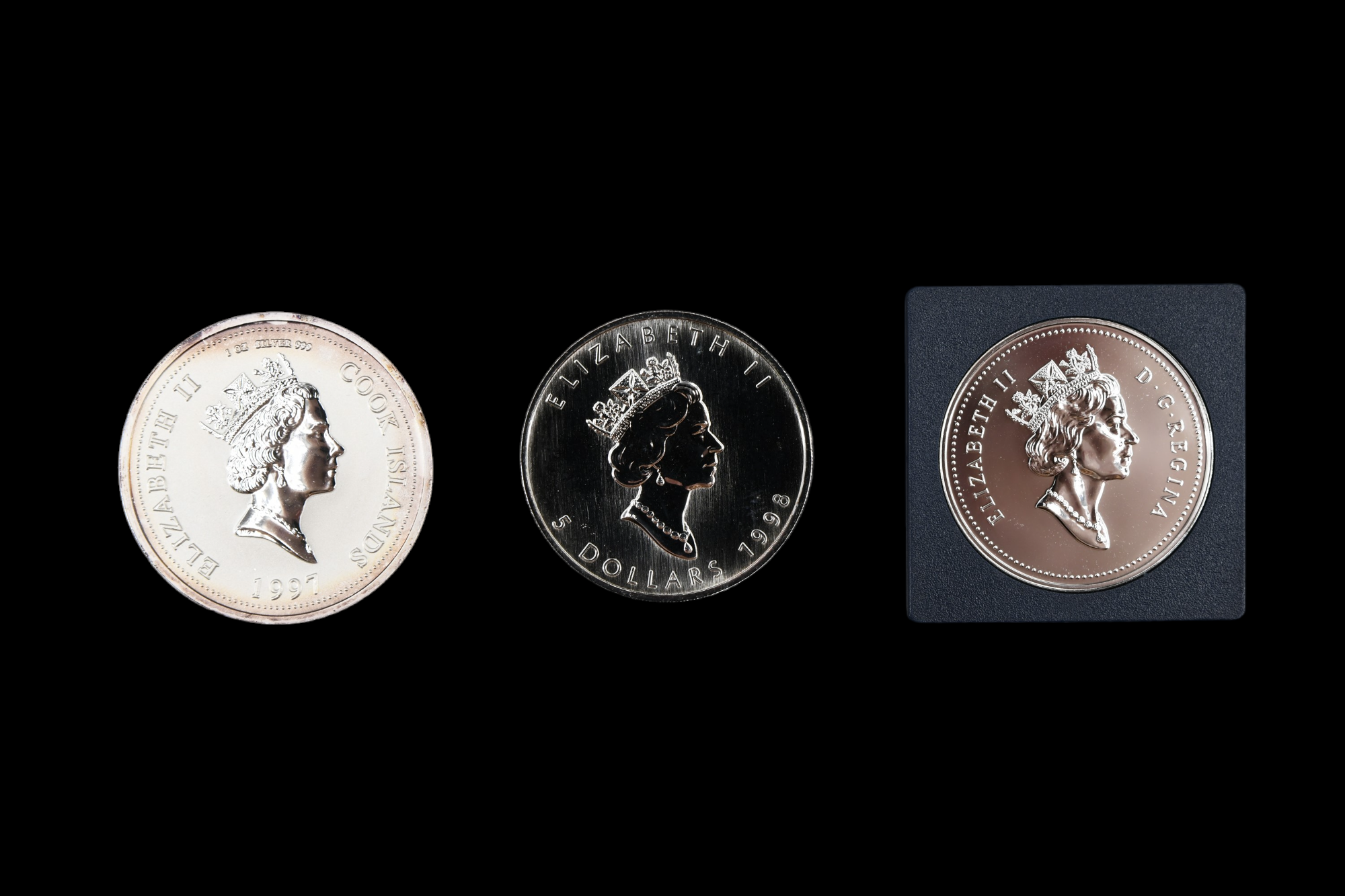 Three silver coins, comprising a 1998 Canada Maple Leaf five dollars, a Canada 1998 dollar, and a - Image 3 of 4