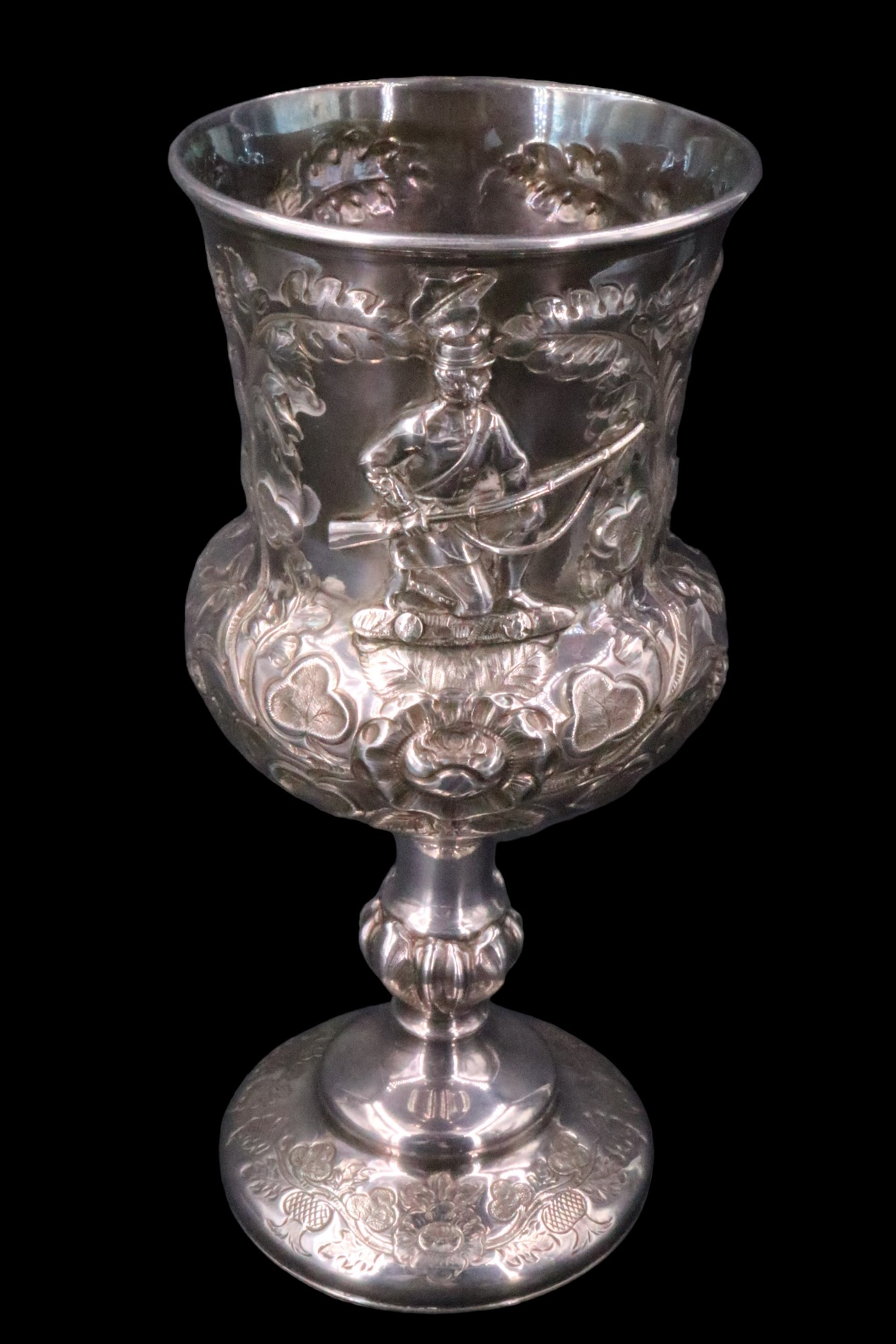 A Victorian electroplate Rifle Volunteer trophy cup, engraved and relief decorated in depiction of a - Image 2 of 3