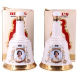 Two boxed royal commemorative Wade ceramic decanters of Bell's whisky, 750 ml each