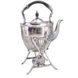 An Edwardian silver-plated spirit kettle on stand, bearing an engraving "Presented to the Rev John