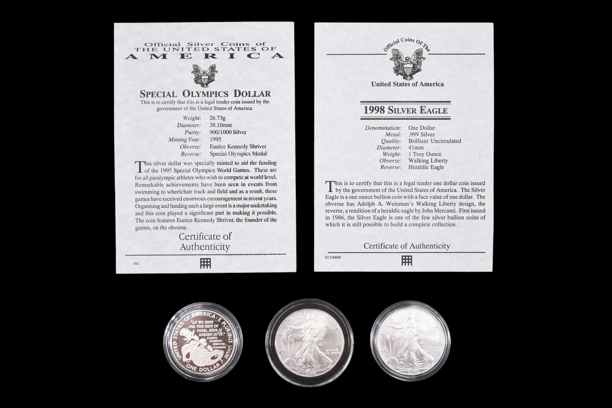 Three silver US coins, comprising a 2005 and a 1998 "Silver Eagle" dollar, and a 1995 "Special