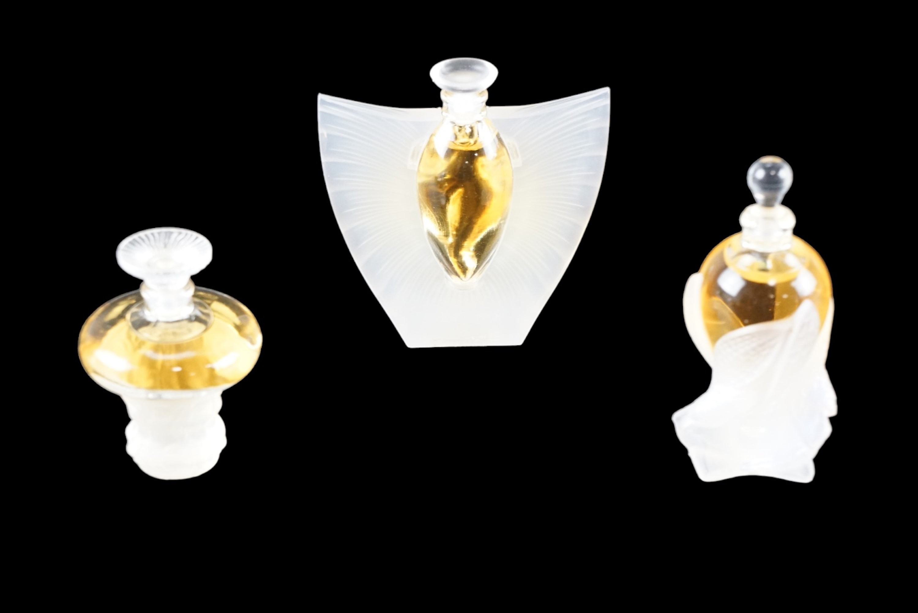 Lalique Parfums "Les Flacons Collection Miniatures" three piece glass bottled perfume set, - Image 3 of 4