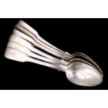 A set of six William IV silver fiddle pattern dessert spoons, bearing engraved unicorn crests,